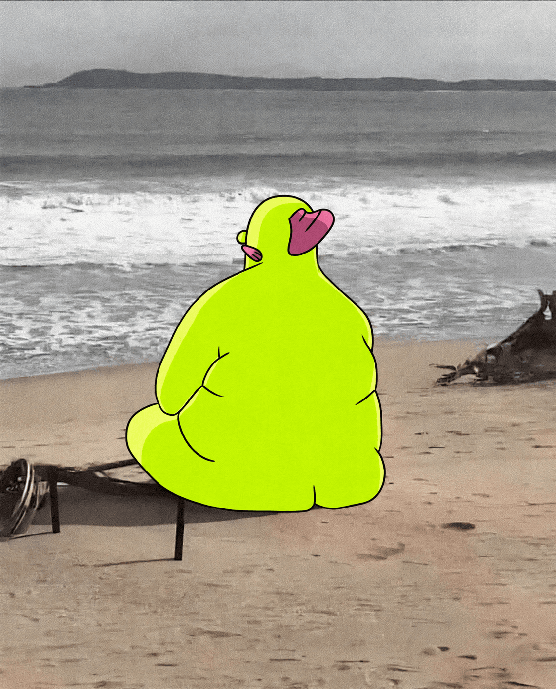 Blub sitting alone on the sand, staring at a grey sea